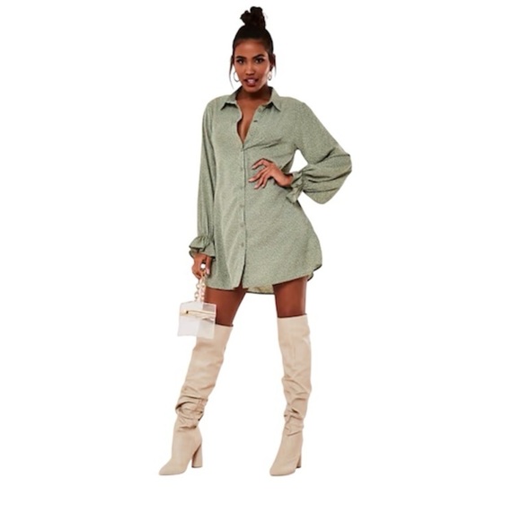 Missguided Dresses & Skirts - Missguided Dress Heart Print Button Down Shirt Ruffle Cuffs Sage Green Size 12